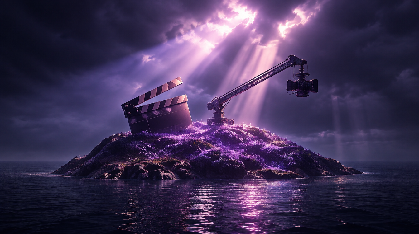 Production Island hero — violet night, clapper and crane